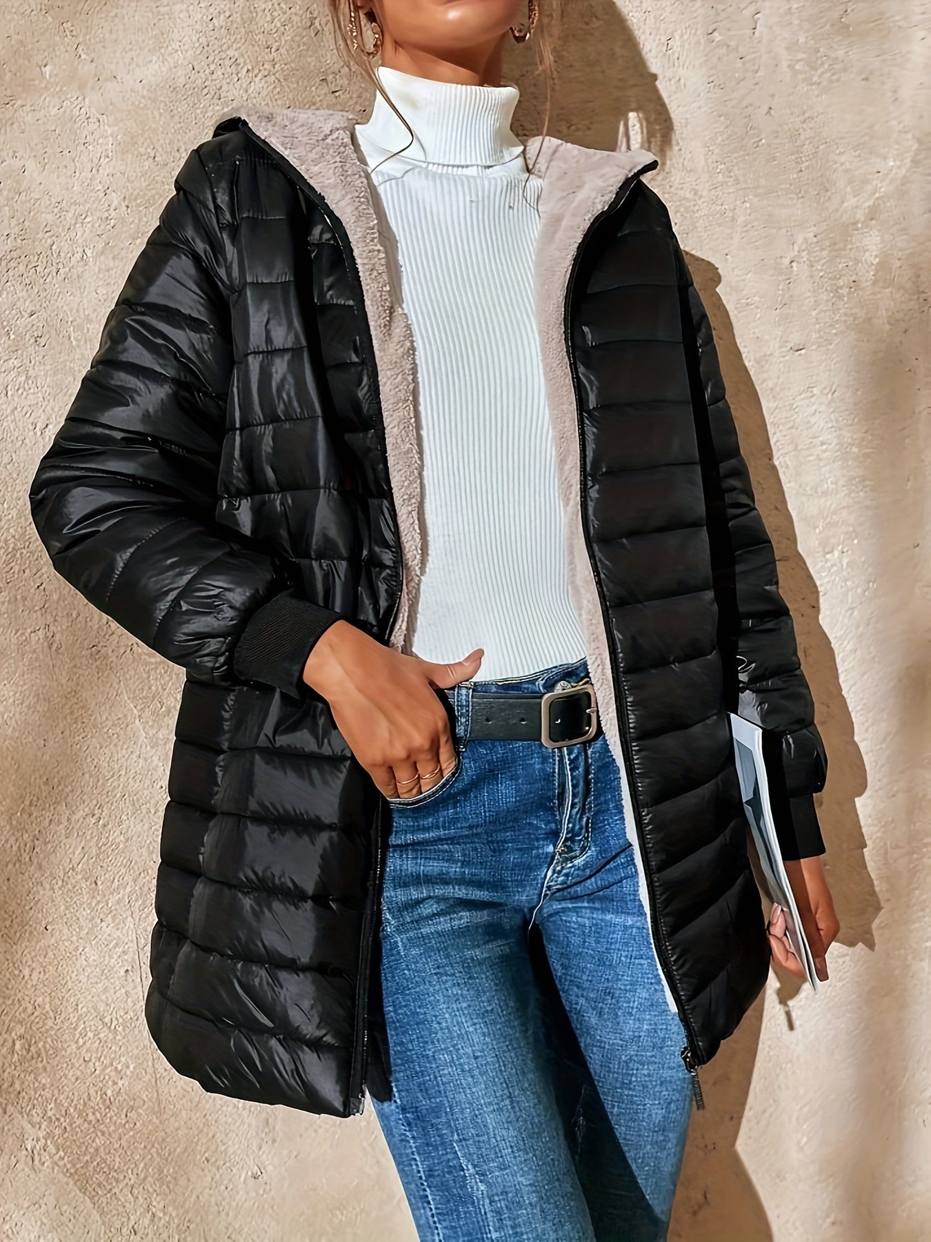 Zip-up Hoodie Puffy Coat, Casual Thermal Long Sleeve Coat For Fall & Winter, Women's Clothing