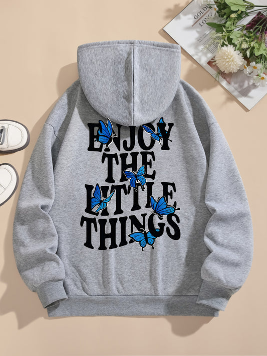 Butterfly & Letter Print Kangaroo Pocket Hoodie, Casual Long Sleeve Drawstring Hoodies Sweatshirt, Women's Clothing