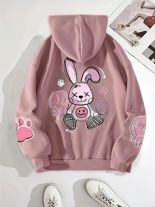 Cartoon Rabbit Print Drawstring Hoodie, Casual Long Sleeve Kangaroo Pocket Hoodie Sweatshirt, Women's Clothing