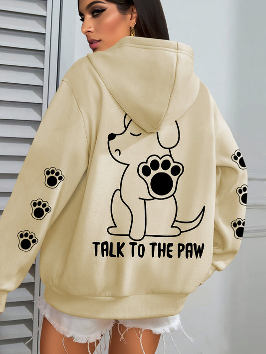 Plus Size Dog Talk To The Paw Print Hoodie, Drawstring Casual Hooded Sweatshirt For Winter & Fall, Women's Plus Size Clothing