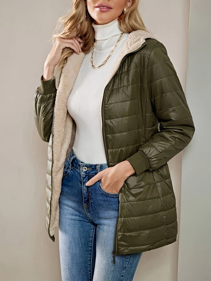 Zip-up Hoodie Puffy Coat, Casual Thermal Long Sleeve Coat For Fall & Winter, Women's Clothing