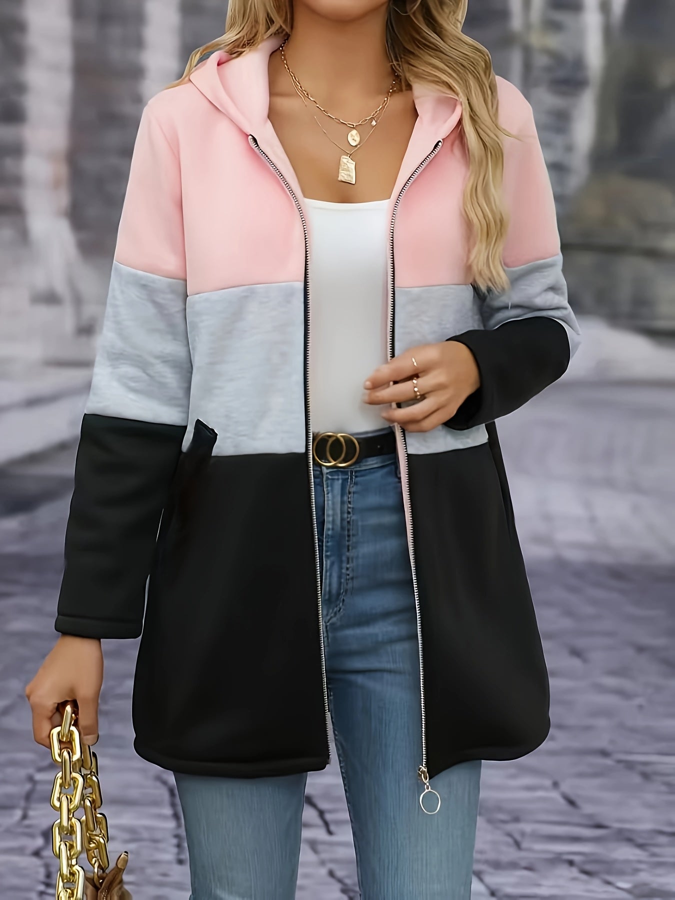 Women's Casual Long Sleeve Color Block Hooded Sweatshirt with Zipper - Fall/Winter Polyester Knit Hoodie with Stretch (Polyester 95%, Elastane 5%)