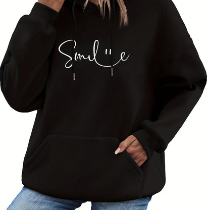 SMILE Print Kangaroo Pocket Hoodie, Casual Long Sleeve Drawstring Hoodie Sweatshirt, Women's Clothing