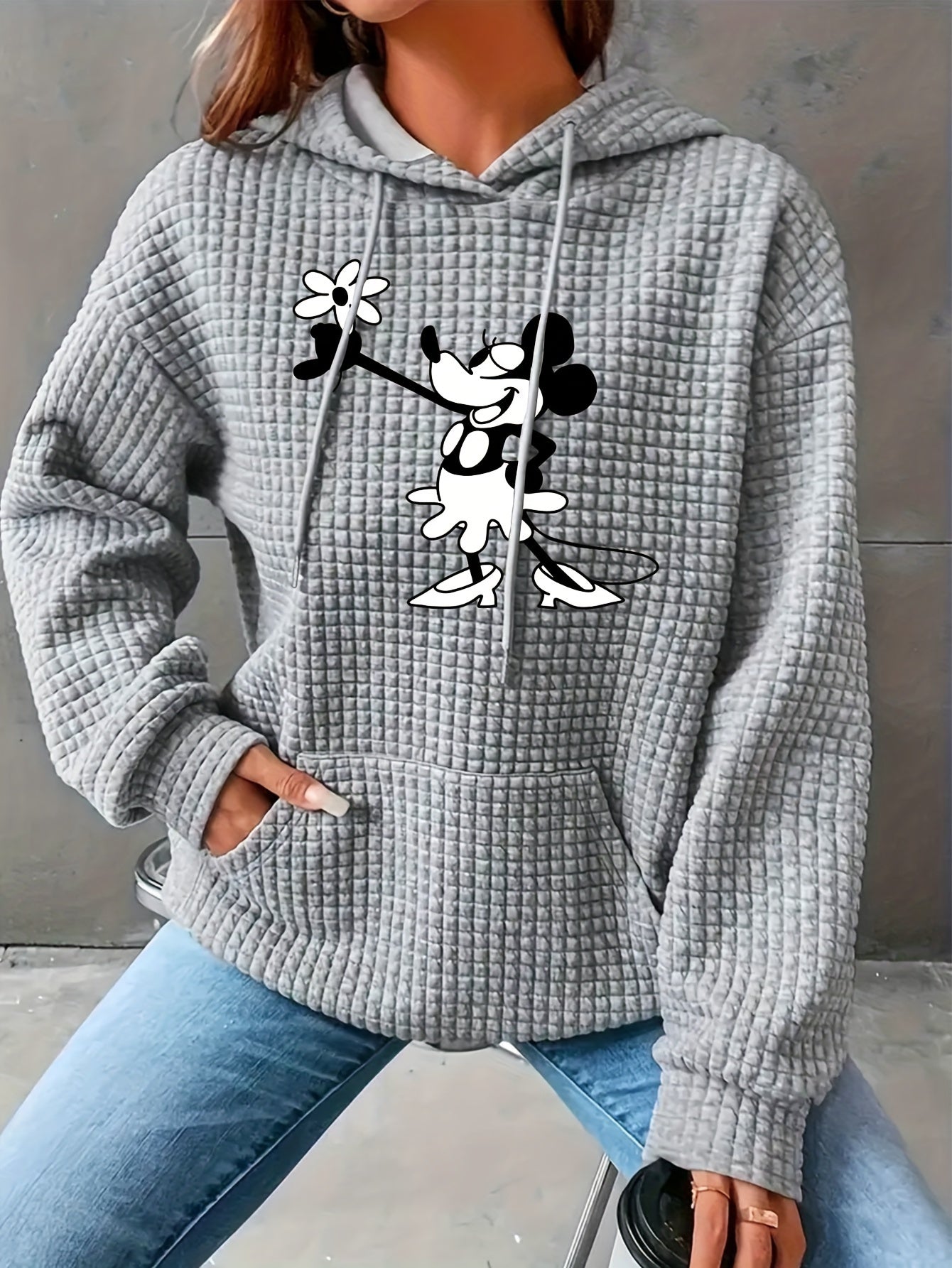 Women's Cozy Waffle-Knit Hoodie with Cartoon Mouse Print - Casual Long Sleeve Pullover with Pockets, Perfect for Fall & Winter