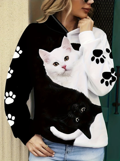 Women's Cozy Cat Print Hoodie - Casual Long Sleeve Pullover with Kangaroo Pocket, Machine Washable, Polyester Blend