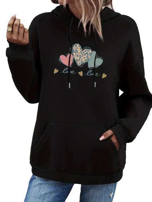 Cozy Fleece-Lined Hoodie with Heart & Letter Print - Casual Long Sleeve Drawstring Pullover for Women, Perfect for Fall/Winter