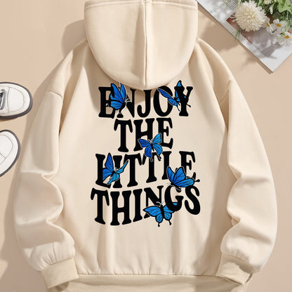 Butterfly & Letter Print Kangaroo Pocket Hoodie, Casual Long Sleeve Drawstring Hoodies Sweatshirt, Women's Clothing