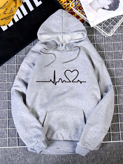 Heart Rate Print Kangaroo Pocket Hoodie, Casual Long Sleeve Drawstring Hoodies Sweatshirt, Women's Clothing