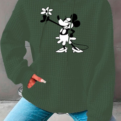 Women's Cozy Waffle-Knit Hoodie with Cartoon Mouse Print - Casual Long Sleeve Pullover with Pockets, Perfect for Fall & Winter