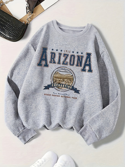 Arizona Print Pullover Sweatshirt, Casual Long Sleeve Crew Neck Sweatshirt For Fall & Winter, Women's Clothing