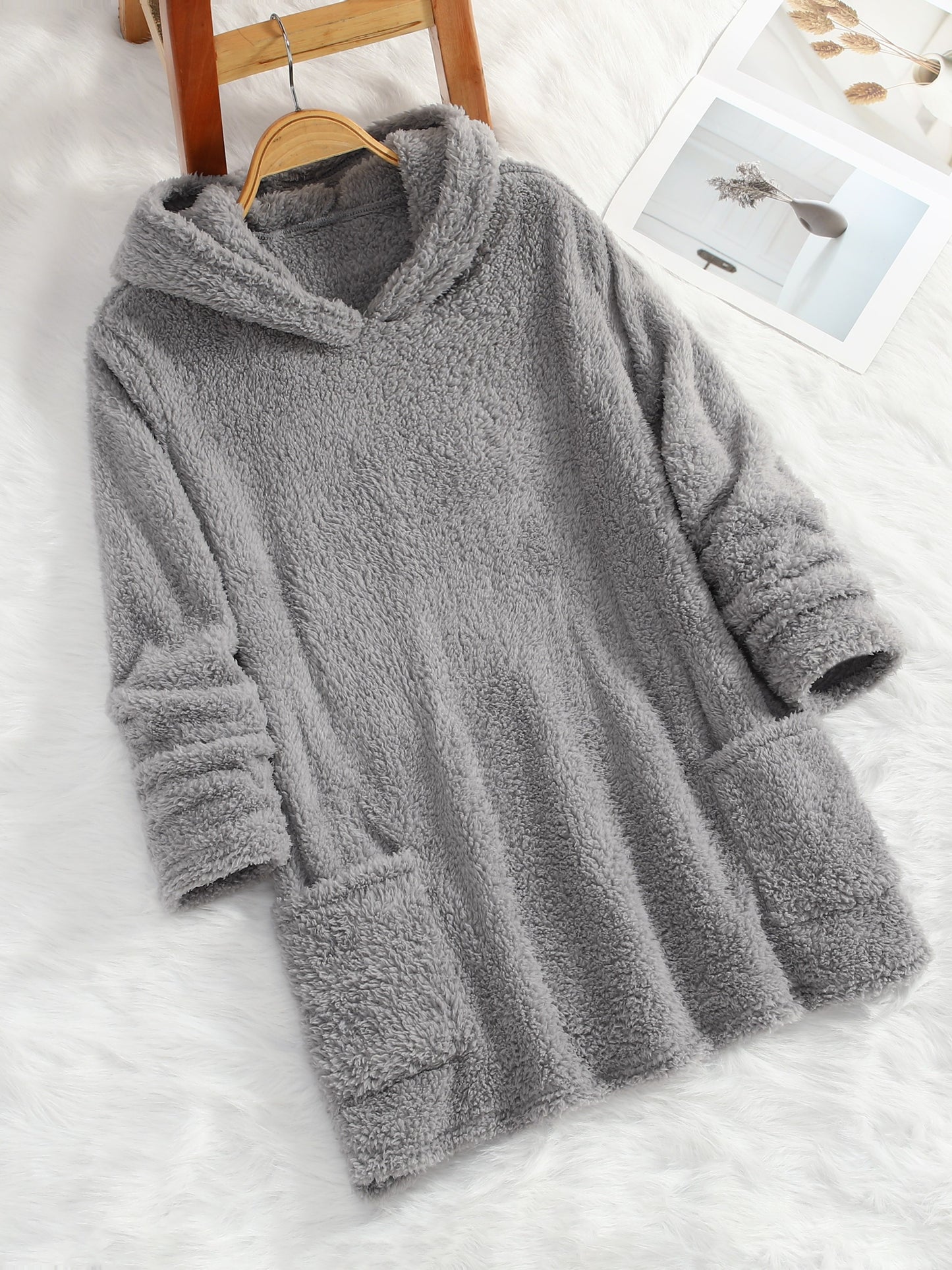 [Popular Choice] Women's Double-Sided Plush Hoodie - Warm Mid-Length Pullover with Pockets for Autumn and Winter, Casual Polyester Knit, Leisure Style, Loosen Version, Autumn/Winter