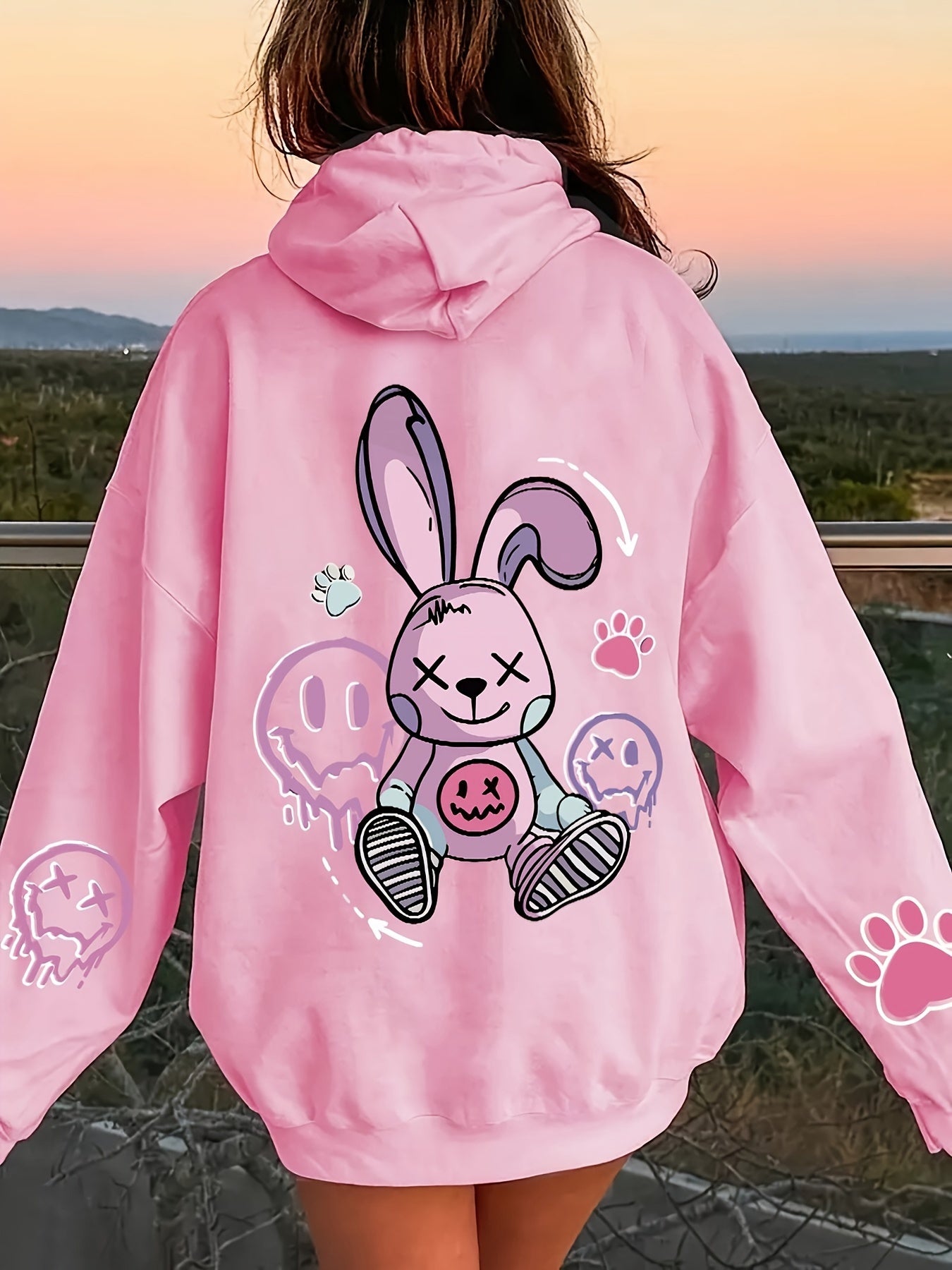 Women's Cozy Cartoon Rabbit & Paw Print Hoodie with Kangaroo Pocket - Casual Pullover Sweatshirt for Fall/Winter, Machine Washable