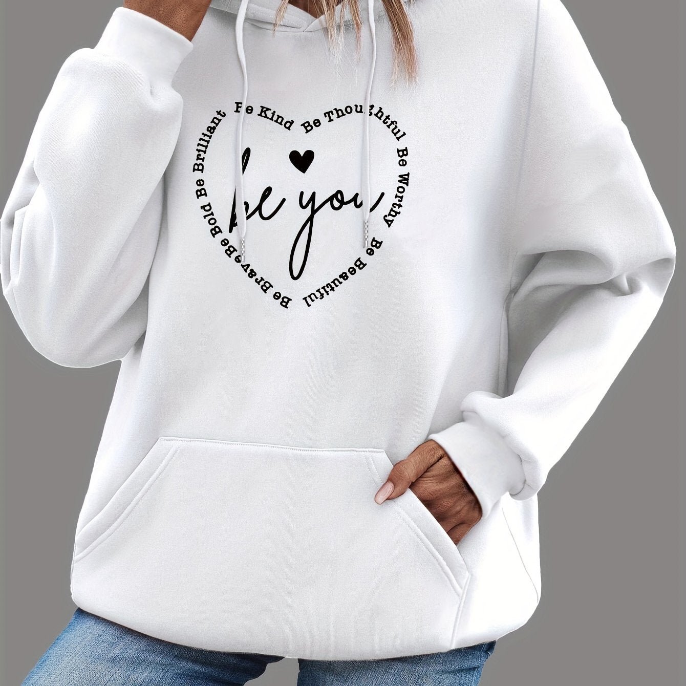 Heart & Letter Print Drawstring Hoodie, Casual Long Sleeve Hooded Sweatshirt, Women's Clothing