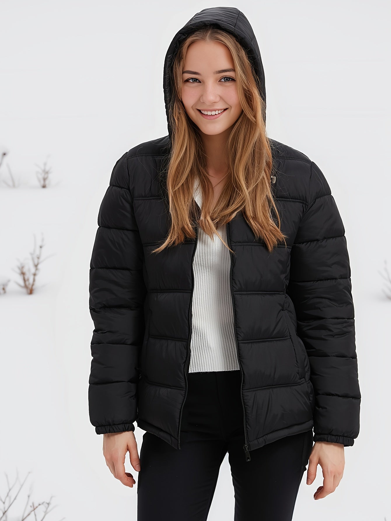 Zip-up Hoodie Puffy Coat, Casual Long Sleeve Pockets Coat For Fall & Winter, Women's Clothing