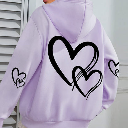 [Popular Choice] Cozy Plus Size Heart Print Hoodie with Pocket - Casual Long Sleeve Pullover for Women, Perfect for Fall & Winter