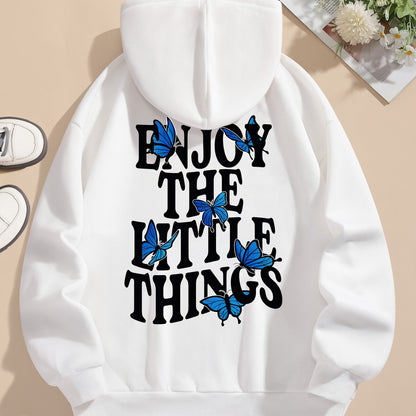 Butterfly & Letter Print Kangaroo Pocket Hoodie, Casual Long Sleeve Drawstring Hoodies Sweatshirt, Women's Clothing