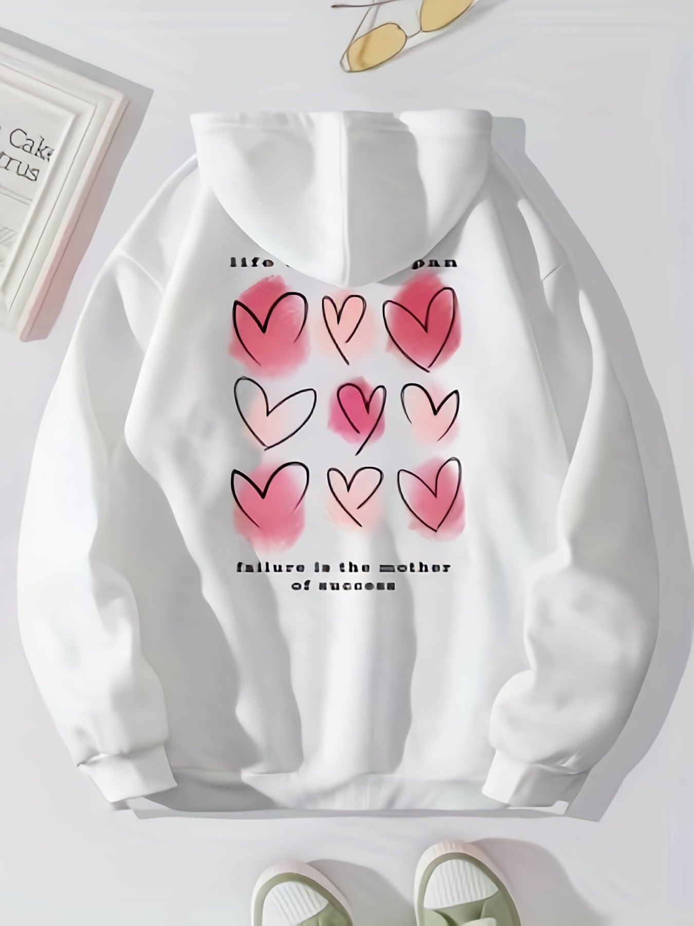 Heart Print Kangaroo Pocket Hoodie, Casual Long Sleeve Drawstring Hoodies Sweatshirt, Women's Clothing, Valentine's Day