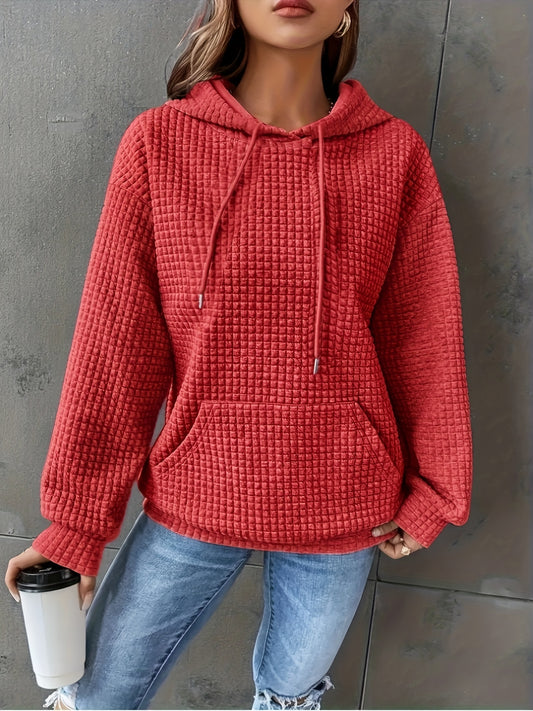 Color Block Waffle Drawstring Hoodie, Casual Long Sleeve Pocket Sweatshirt, Women's Clothing