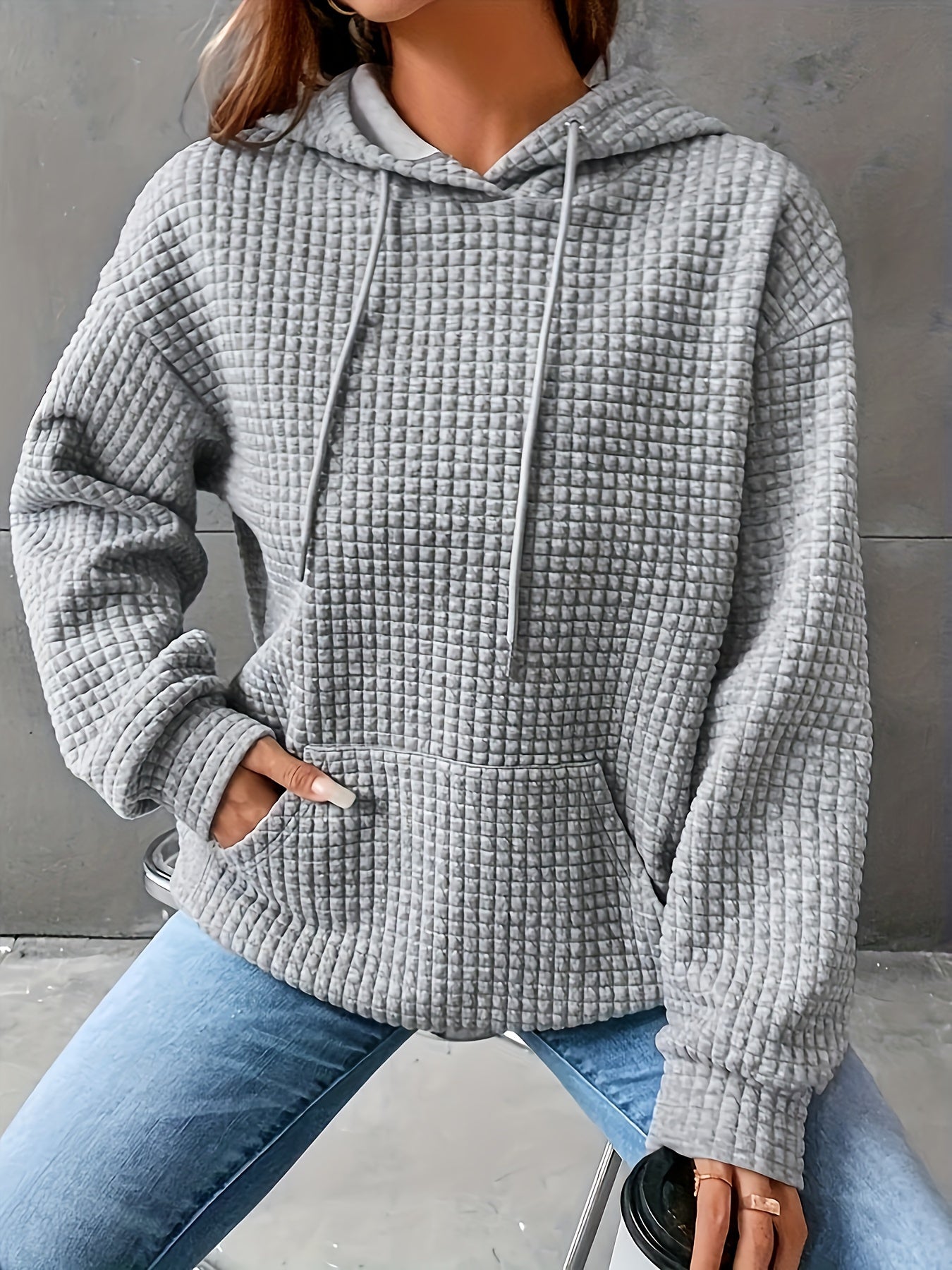 Solid Textured Drawstring Hoodie, Casual Long Sleeve Kangaroo Pocket Sweatshirt, Women's Clothing