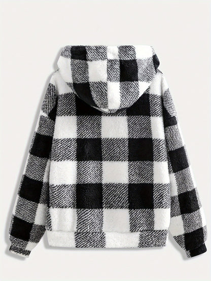 Women's Elegant Plaid Faux Fur Hoodie Jacket - 95% Polyester, 5% Elastane Knitted Fabric, Fall/Winter Collection