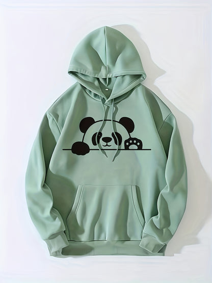 Panda Print Kangaroo Pocket Hoodie, Casual Long Sleeve Drawstring Hoodie Sweatshirt, Women's Clothing