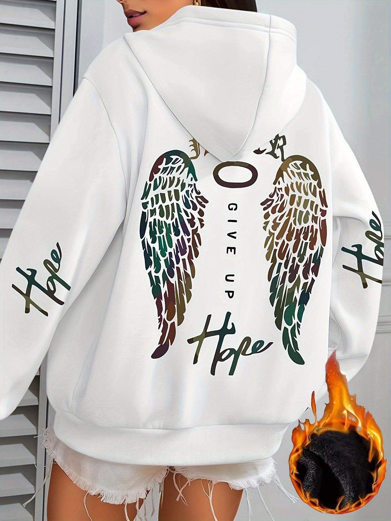 Women's Cozy Fleece-Lined Hoodie with Unique Wings Print - Long Sleeve, Drawstring Pullover for Fall/Winter, Perfect for Running & Casual Wear