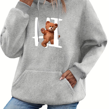 Bear Print Drawstring Hoodie, Casual Long Sleeve Pocket Hoodies Sweatshirt, Women's Clothing