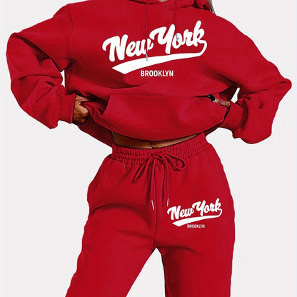 Women's New York Letter Print Hoodie and Pants Set, Casual Polyester Knit Sweatshirt with Drawstring, Geometric Pattern, Pocket Detail, for Fall/Winter Season