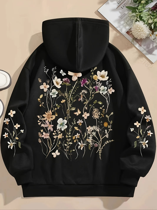 Floral Print Drawstring Hoodie, Casual Long Sleeve Drop Shoulder Hoodie, Women's Clothing