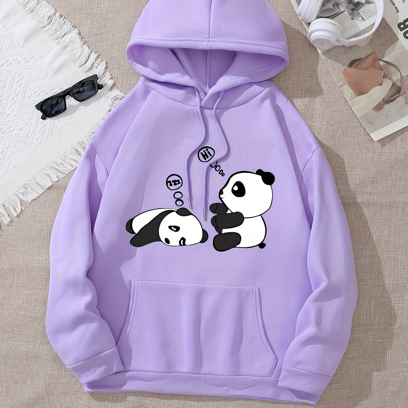 [Popular Choice] Cozy Panda Print Hoodie for Women - Casual Drawstring Pullover with Kangaroo Pocket, Perfect for Fall & Winter, Sleeping, Graphic Print, Hooded Sweatshirt