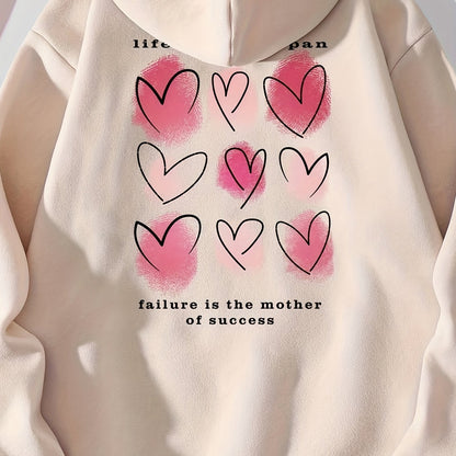 Heart Print Kangaroo Pocket Hoodie, Casual Long Sleeve Drawstring Hoodies Sweatshirt, Women's Clothing, Valentine's Day