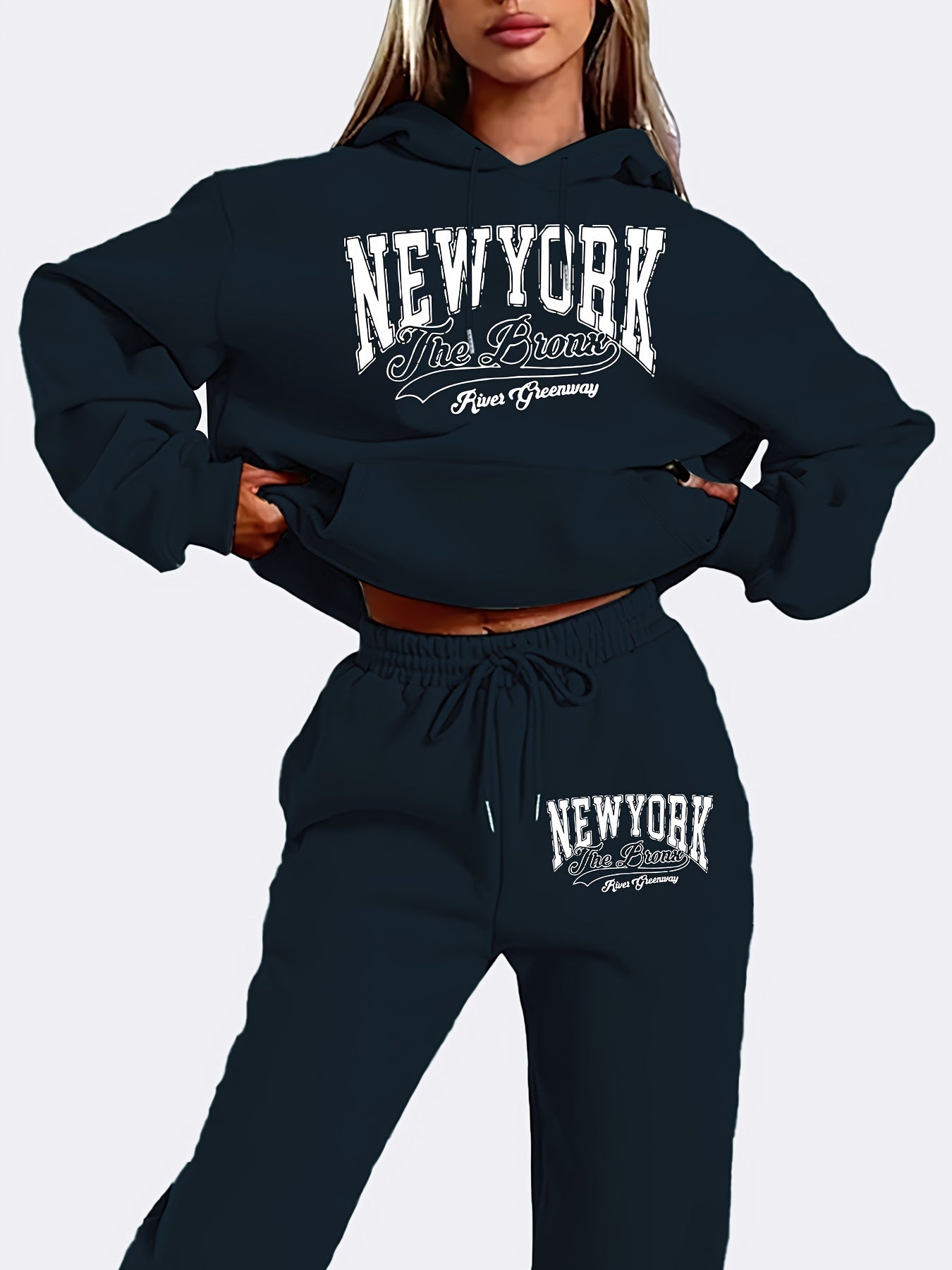 New York Letter Print Women's Hoodie and Pants Set, Casual Geometric Pattern, Polyester Knit Fabric, Hooded Long Sleeve Sweatshirt with Pockets, Fall/Winter Collection