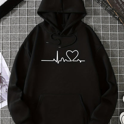 Heart Rate Print Kangaroo Pocket Hoodie, Casual Long Sleeve Drawstring Hoodies Sweatshirt, Women's Clothing