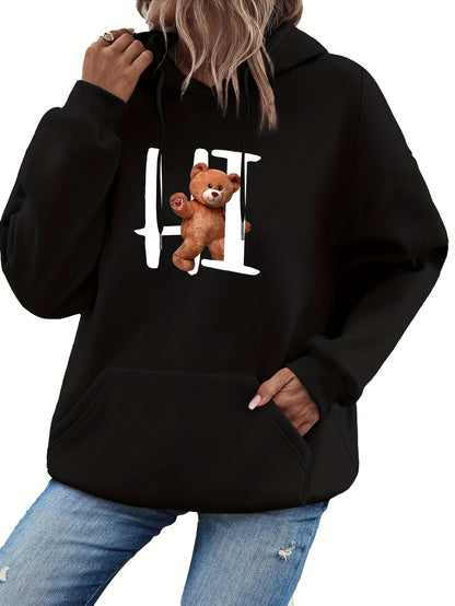 Bear Print Drawstring Hoodie, Casual Long Sleeve Pocket Hoodies Sweatshirt, Women's Clothing