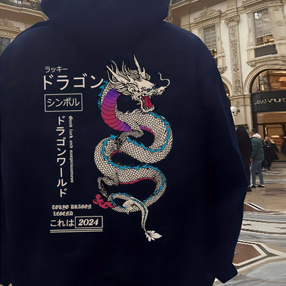 [Popular Choice] Cozy Fleece-Lined Dragon Print Hoodie for Men and Women - Casual Japanese Anime-Inspired Pullover with Kangaroo Pocket, Long Sleeves, Thick Autumn/Winter Streetwear Jacket, Cartoon Animal Pattern, Couple Styl