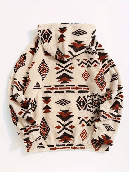 Ethnic Aztec Print Fuzzy Drawstring Hoodie, Casual Long Sleeve Kangaroo Pocket Warm Sweatshirt, Women's Clothing