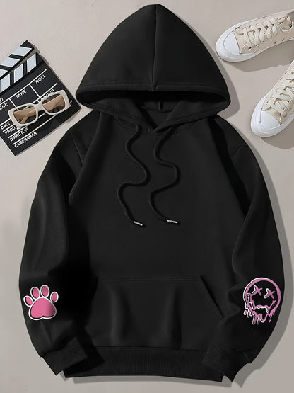 Women's Cozy Cartoon Rabbit & Paw Print Hoodie with Kangaroo Pocket - Casual Pullover Sweatshirt for Fall/Winter, Machine Washable