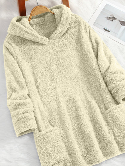 [Popular Choice] Women's Double-Sided Plush Hoodie - Warm Mid-Length Pullover with Pockets for Autumn and Winter, Casual Polyester Knit, Leisure Style, Loosen Version, Autumn/Winter