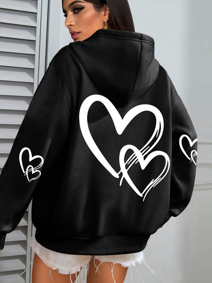 [Popular Choice] Cozy Plus Size Heart Print Hoodie with Pocket - Casual Long Sleeve Pullover for Women, Perfect for Fall & Winter