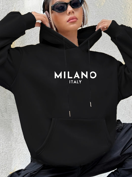 Milano Italy Sweatshirt, Vacation in Italy, Gift for Women, Milano Trip Hoodies, Fashion Clothing, Fashion Lover Gift, Europe Trip, European Fashion Drawstring Loose Hoodie, Casual Hooded Pocket Fashion Long Sleeve Sweatshirt