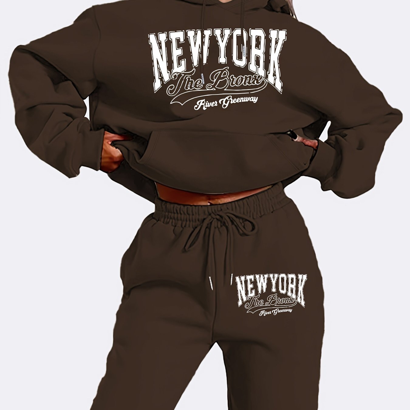 New York Letter Print Women's Hoodie and Pants Set, Casual Geometric Pattern, Polyester Knit Fabric, Hooded Long Sleeve Sweatshirt with Pockets, Fall/Winter Collection