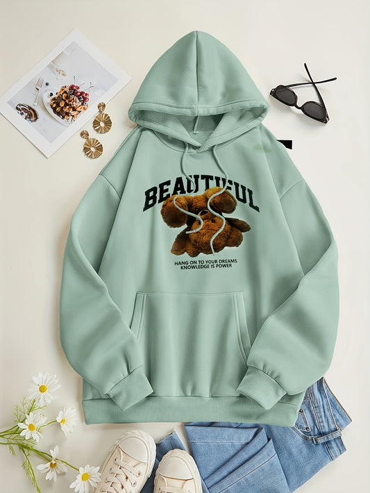 Bear Print Kangaroo Pocket Hoodie, Casual Long Sleeve Drawstring Hoodies Sweatshirt, Women's Clothing