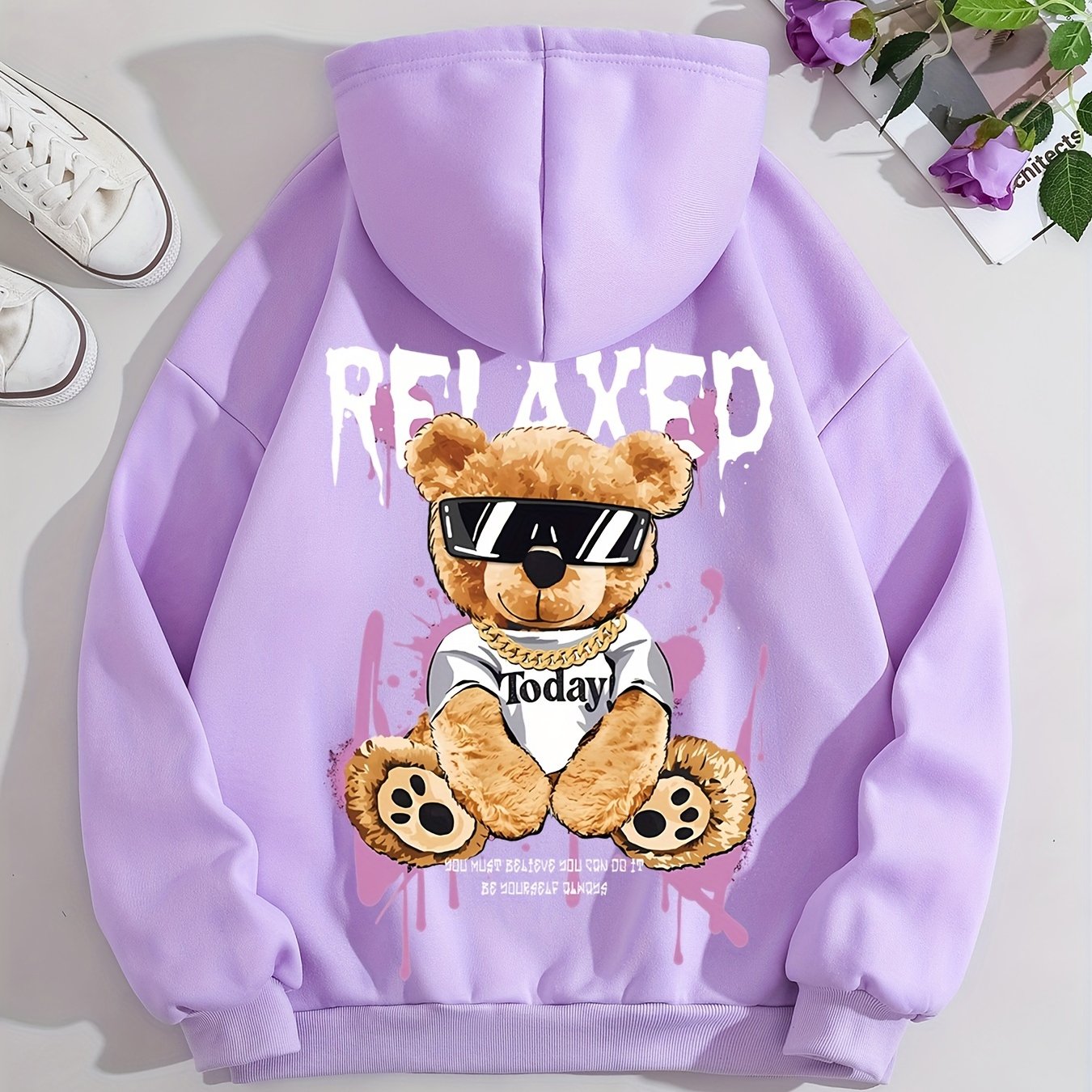 Women's Fashion Hoodie with Cute Bear Print - Casual Pullover Sweatshirt, Polyester, Machine Washable - Perfect for Fall & Winter