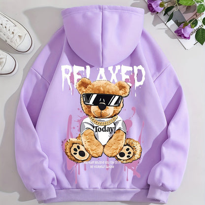 Women's Fashion Hoodie with Cute Bear Print - Casual Pullover Sweatshirt, Polyester, Machine Washable - Perfect for Fall & Winter