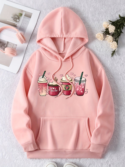 Coffee Print Drawstring Hoodie, Casual Long Sleeve Hooded Sweatshirt, Women's Clothing