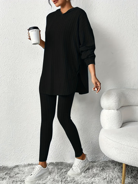 Cozy Women's Fleece-Lined Hoodie & Leggings Set - Casual Long Sleeve, Stretchy Polyester Blend, Perfect for Fall/Winter