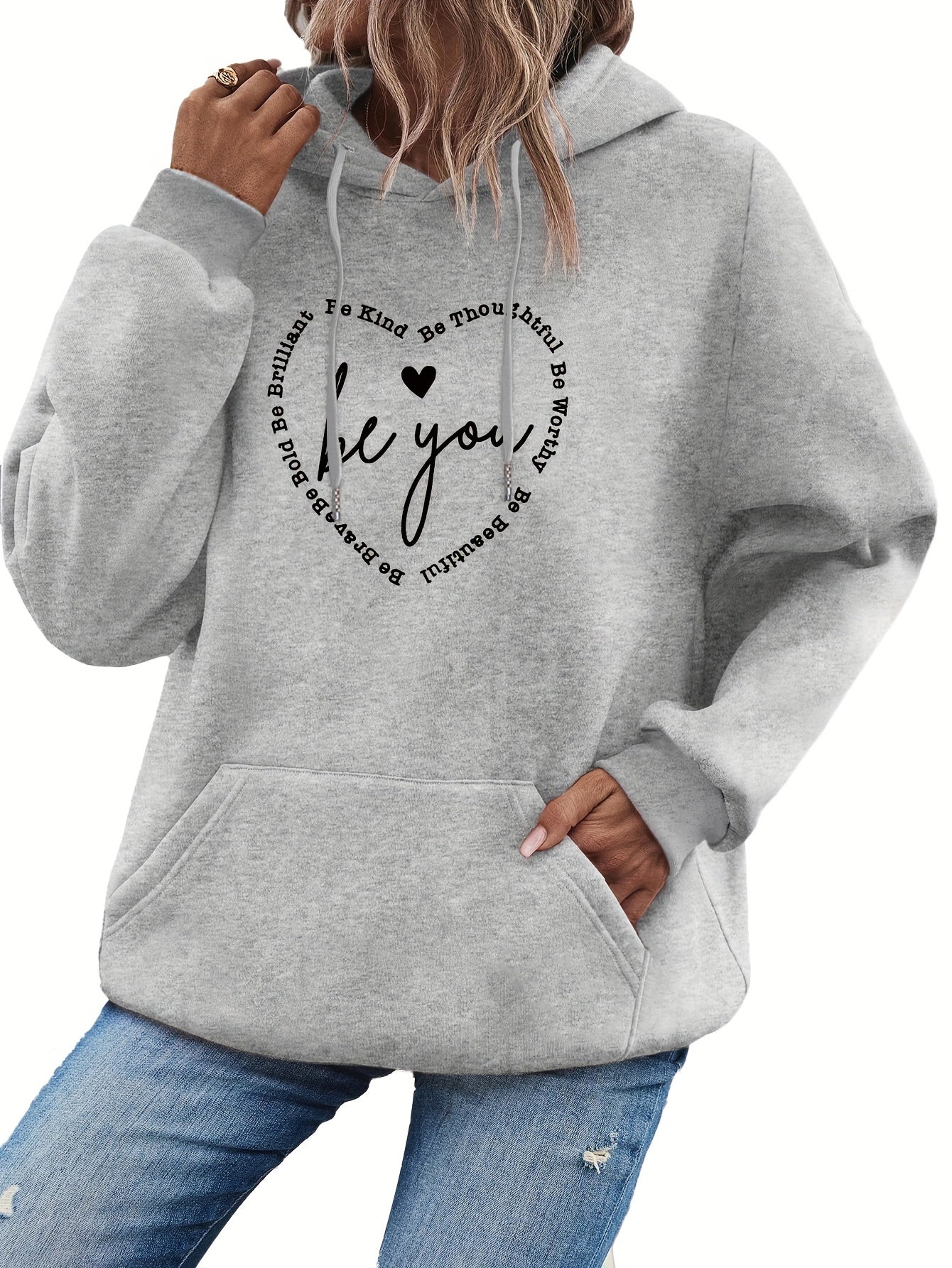 Heart & Letter Print Drawstring Hoodie, Casual Long Sleeve Hooded Sweatshirt, Women's Clothing