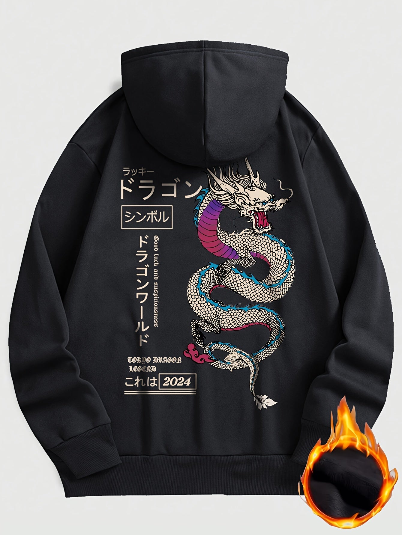 [Popular Choice] Cozy Fleece-Lined Dragon Print Hoodie for Men and Women - Casual Japanese Anime-Inspired Pullover with Kangaroo Pocket, Long Sleeves, Thick Autumn/Winter Streetwear Jacket, Cartoon Animal Pattern, Couple Styl