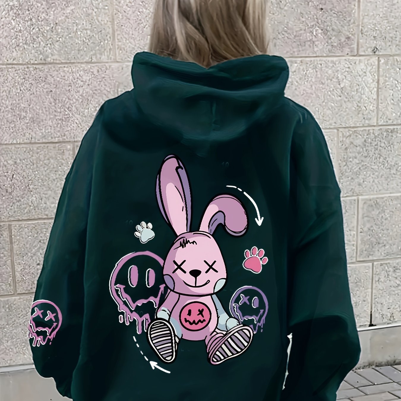 Women's Cozy Cartoon Rabbit & Paw Print Hoodie with Kangaroo Pocket - Casual Pullover Sweatshirt for Fall/Winter, Machine Washable