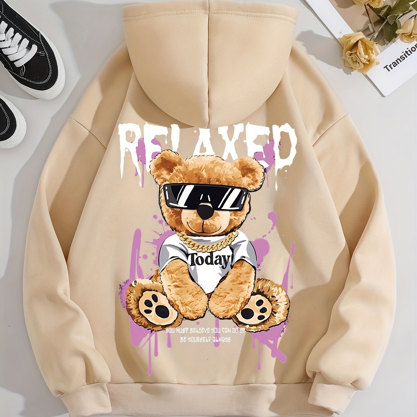 Women's Fashion Hoodie with Cute Bear Print - Casual Pullover Sweatshirt, Polyester, Machine Washable - Perfect for Fall & Winter